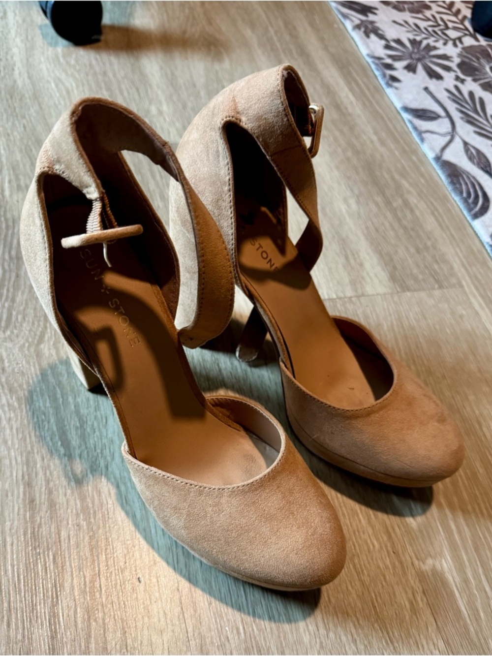 Sun + Stone Tan Suede Ankle Strap Block Heels (WILL CLEAN before sending out)